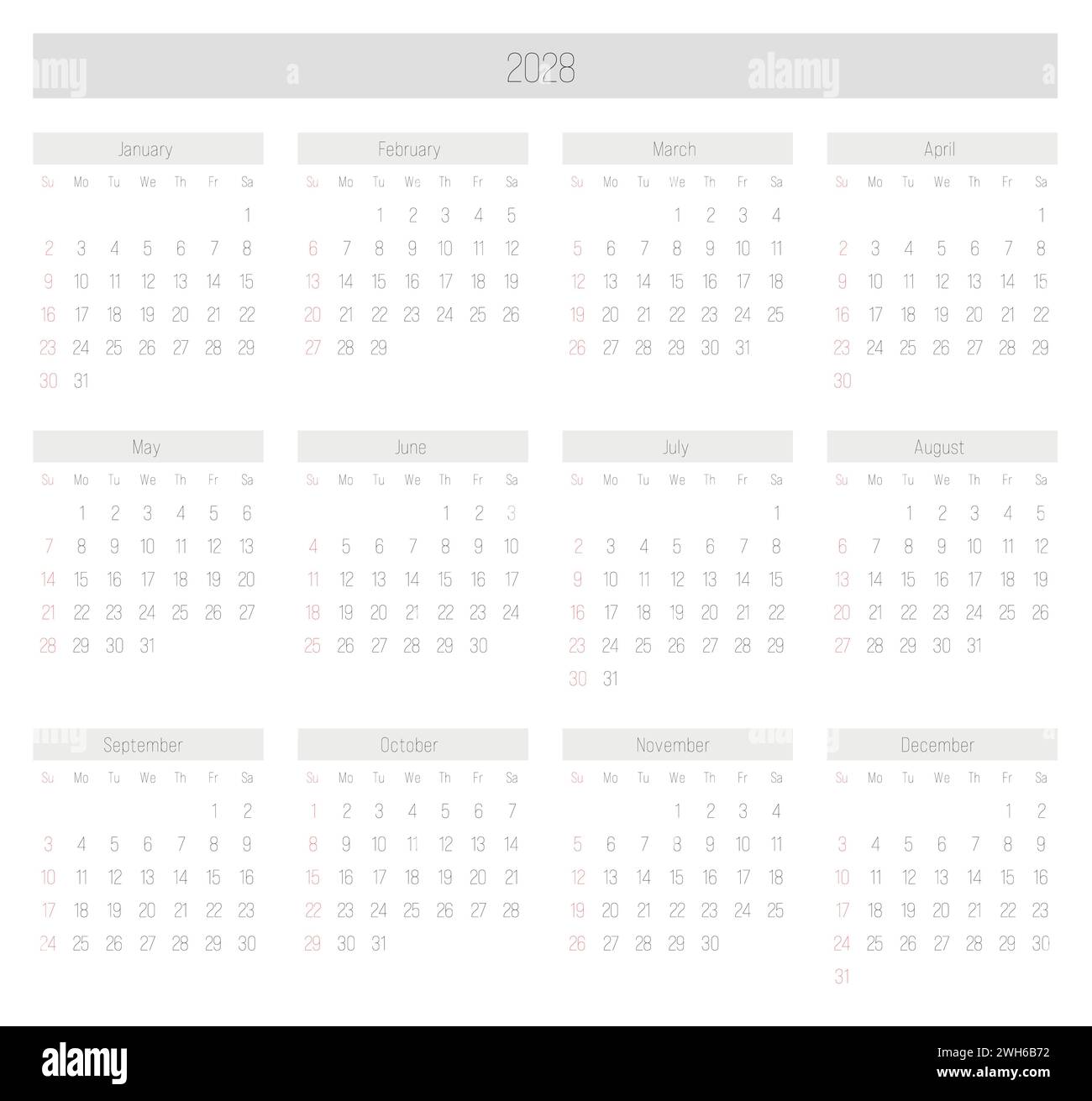Calendario mensile dell'anno 2028. La settimana inizia la domenica. Blocco di mesi in due file e sei colonne disposizione orizzontale. Design minimalista e sottile. Illustrazione vettoriale. Illustrazione Vettoriale