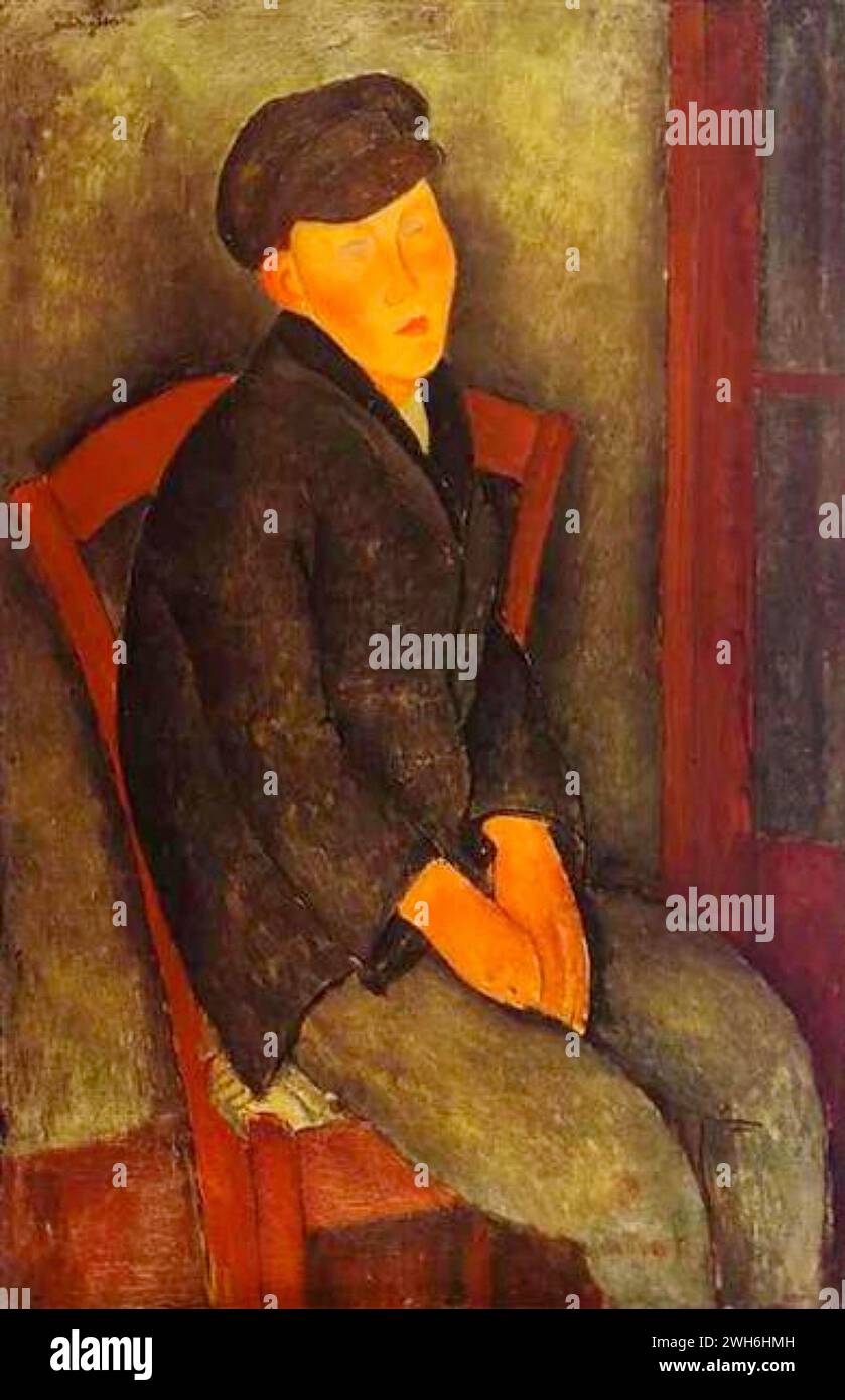 Amedeo Modigliani (1884-1920), italiano, modernismo - Boy sitting with Cap - "Garcon assis avec casquette" Foto Stock