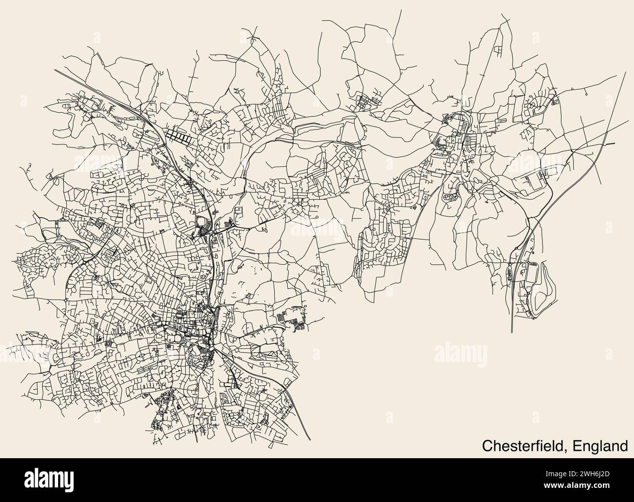 Strade stradali cartina della città britannica di CHESTERFIELD, INGHILTERRA Illustrazione Vettoriale