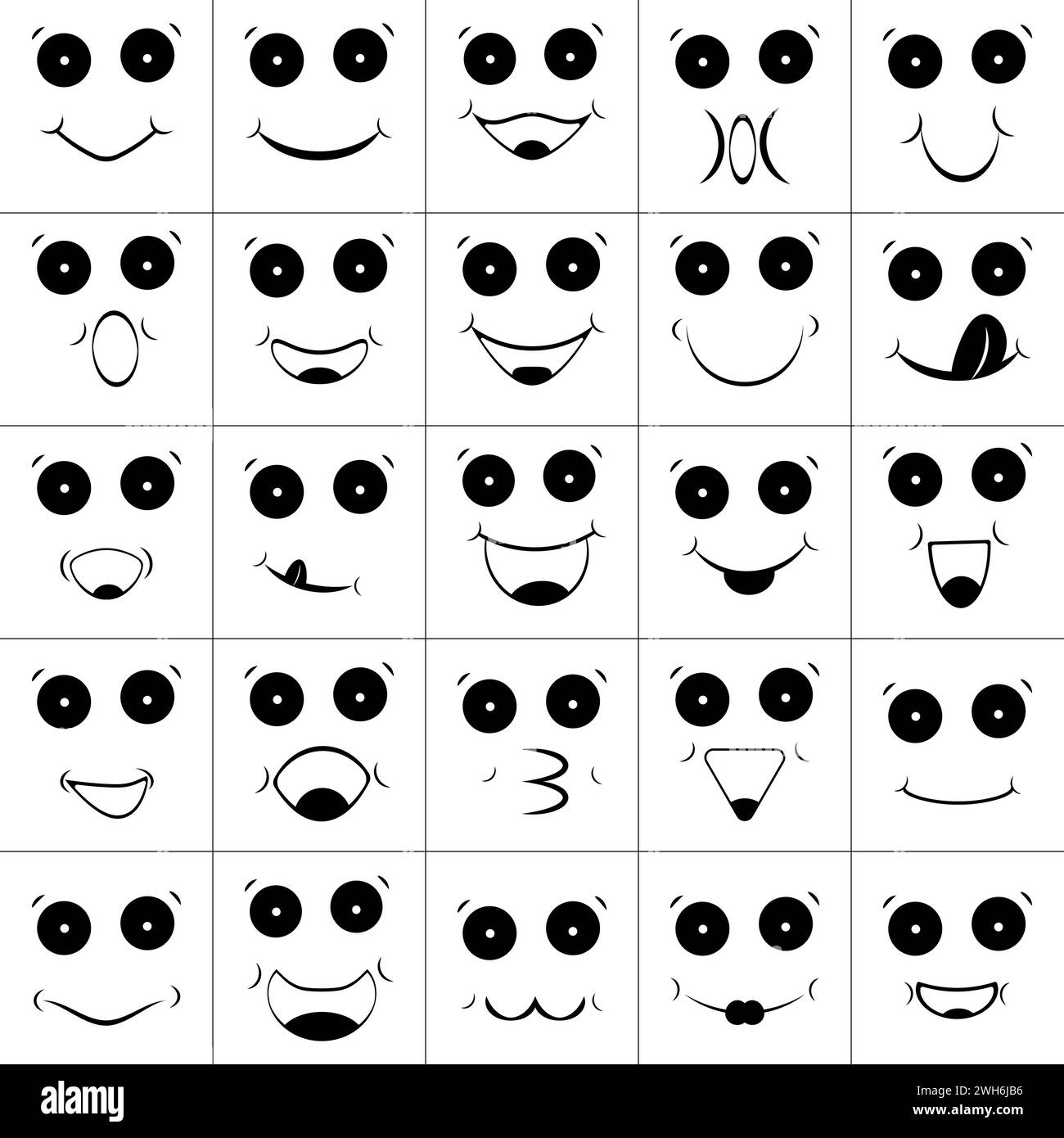 Set, raccolta di volti dei cartoni animati con sorrisi, emoticon, emoji. Vettore isolato. Illustrazione Vettoriale