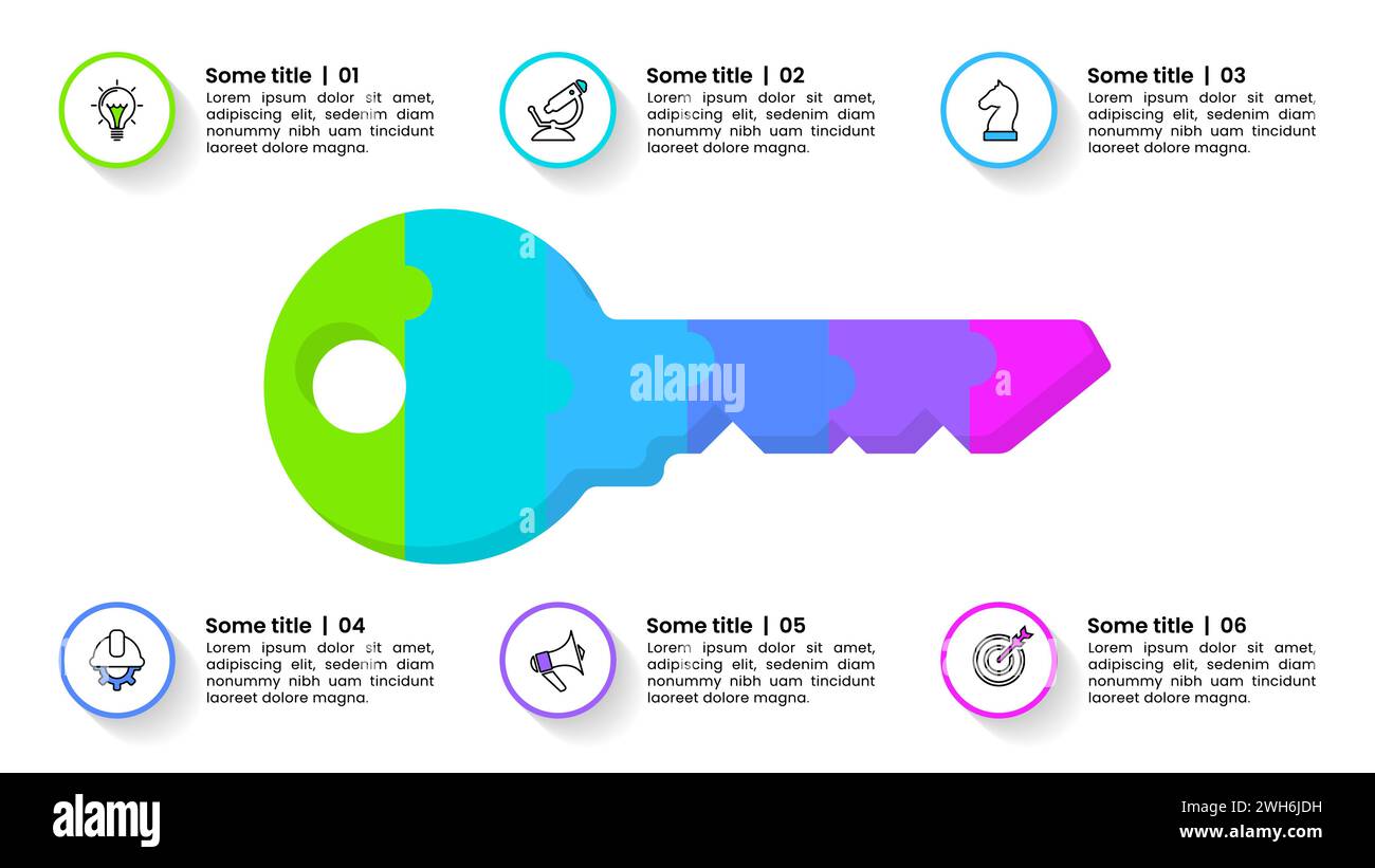 Modello infografico con icone e 6 opzioni o passaggi. Chiave. Può essere utilizzato per layout del flusso di lavoro, diagrammi, banner, webdesign. Illustrazione vettoriale Illustrazione Vettoriale