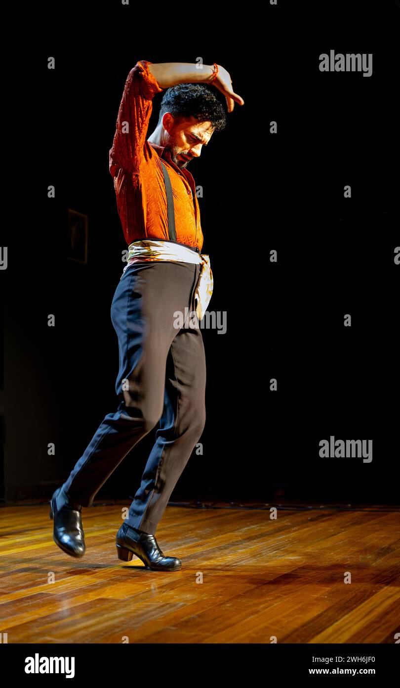 Un ballerino di flamenco maschio ha colto un momento di passione durante una performance teatrale, con un'illuminazione drammatica che mette in evidenza il suo movimento, foto verticale. Foto Stock