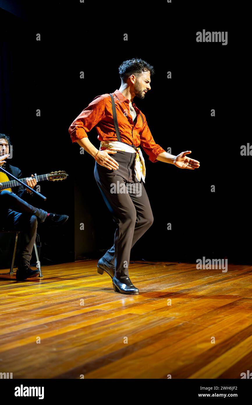Un ballerino di flamenco solista maschile mostra la sua abilità sul palco con un chitarrista che accompagna in soft focus. Foto verticale Foto Stock