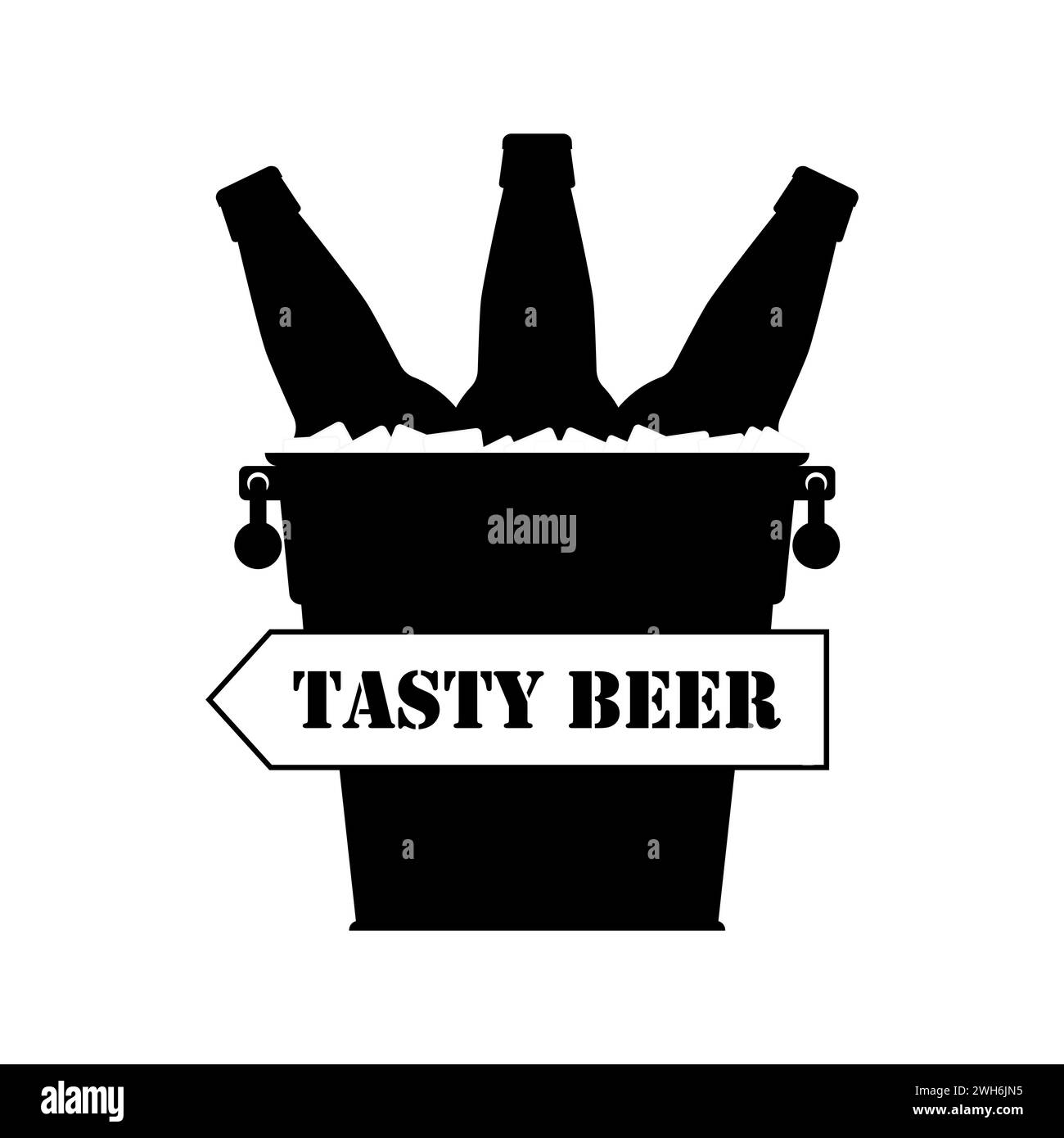 Puntatore a freccia con secchio di birra pieno di ghiaccio con bottiglie di birra. Silhouette nera. Illustrazione vettoriale isolata. Illustrazione Vettoriale