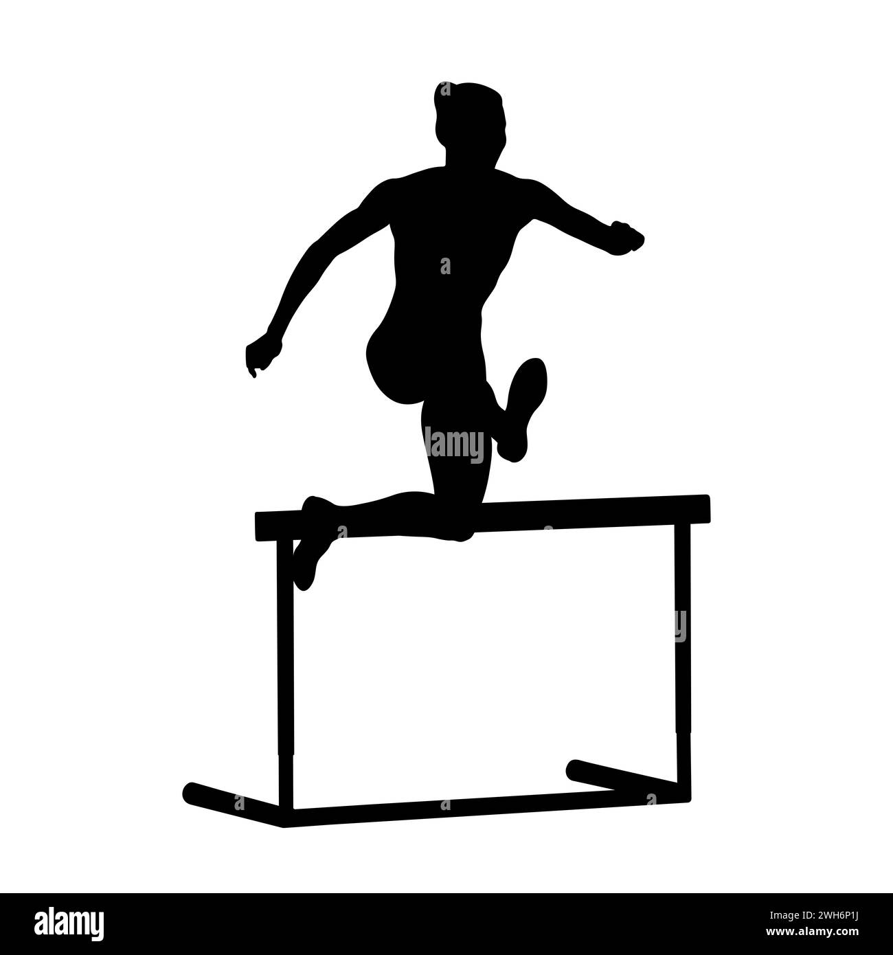 atleta a a metà salto sull'ostacolo in una gara di 400 metri, che mostra velocità, agilità e determinazione Foto Stock