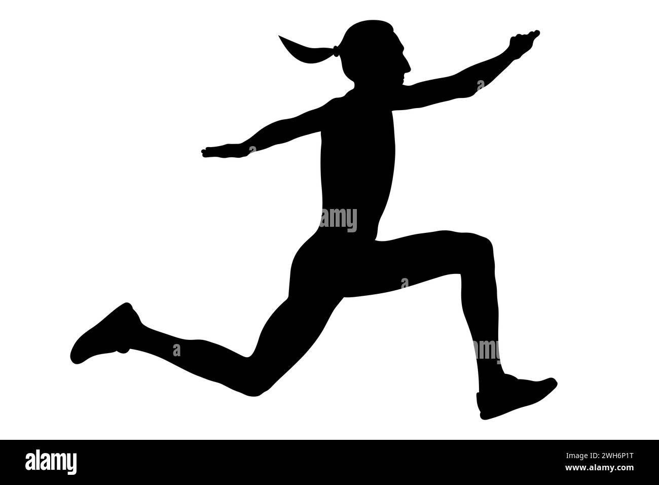 triplo salto in pista la donna si libra nell'aria, silhouette nera su sfondo bianco Foto Stock