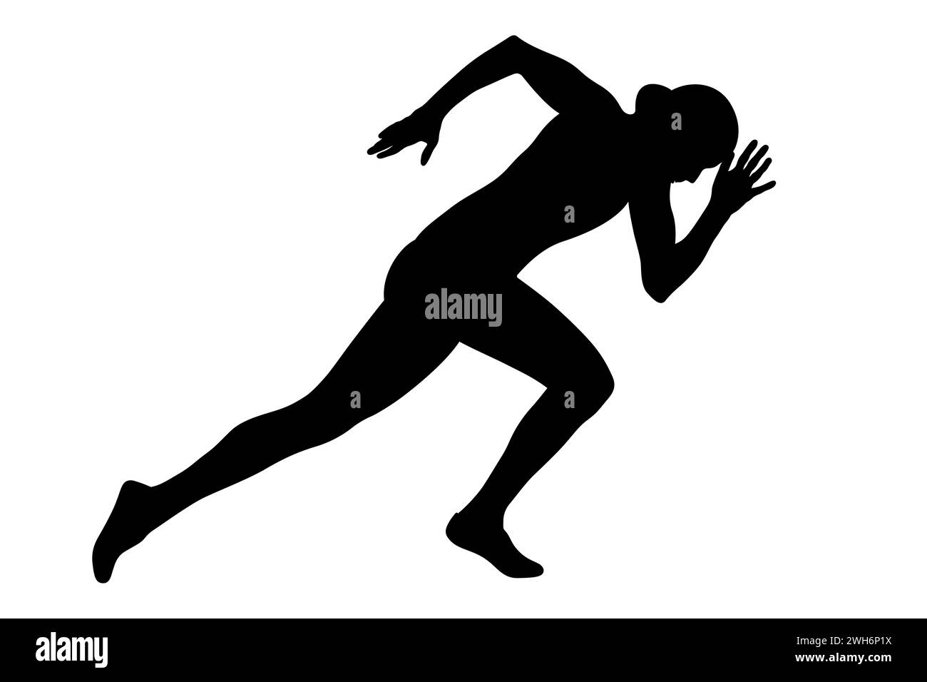 atleta femminile alla gara di sprint start, con potenza e determinazione, silhouette nera su sfondo bianco Foto Stock