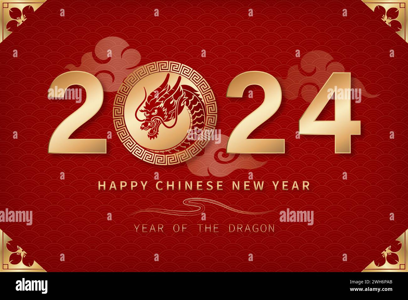 Sfondo rosso del capodanno cinese per 2024 anni di drago, design vettoriale, con decorazione di elementi in stile orientale Illustrazione Vettoriale