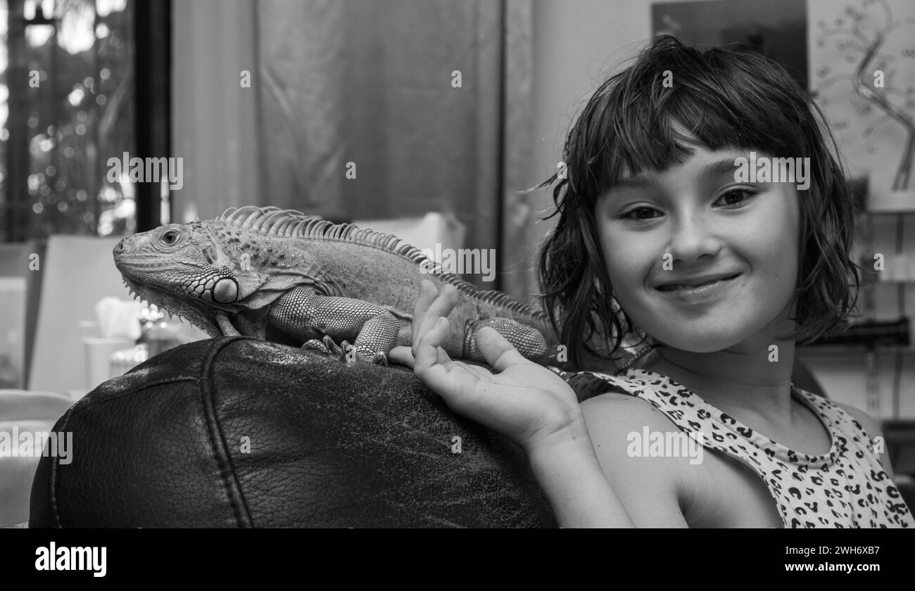 Un bambino sorride e accarezza una grande iguana verde. Animali esotici Foto Stock