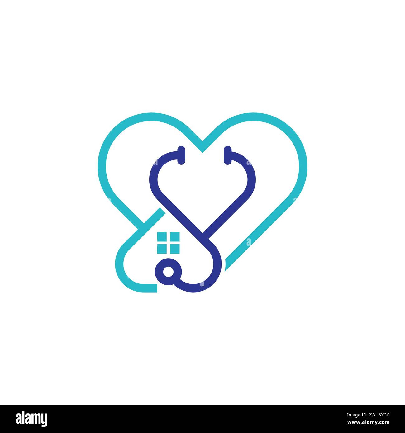 Design grafico del logo del vettore sanitario della casa. Finestra casa con medico stetoscopio medico per la clinica ospedale casa cura logo design Illustrazione Vettoriale