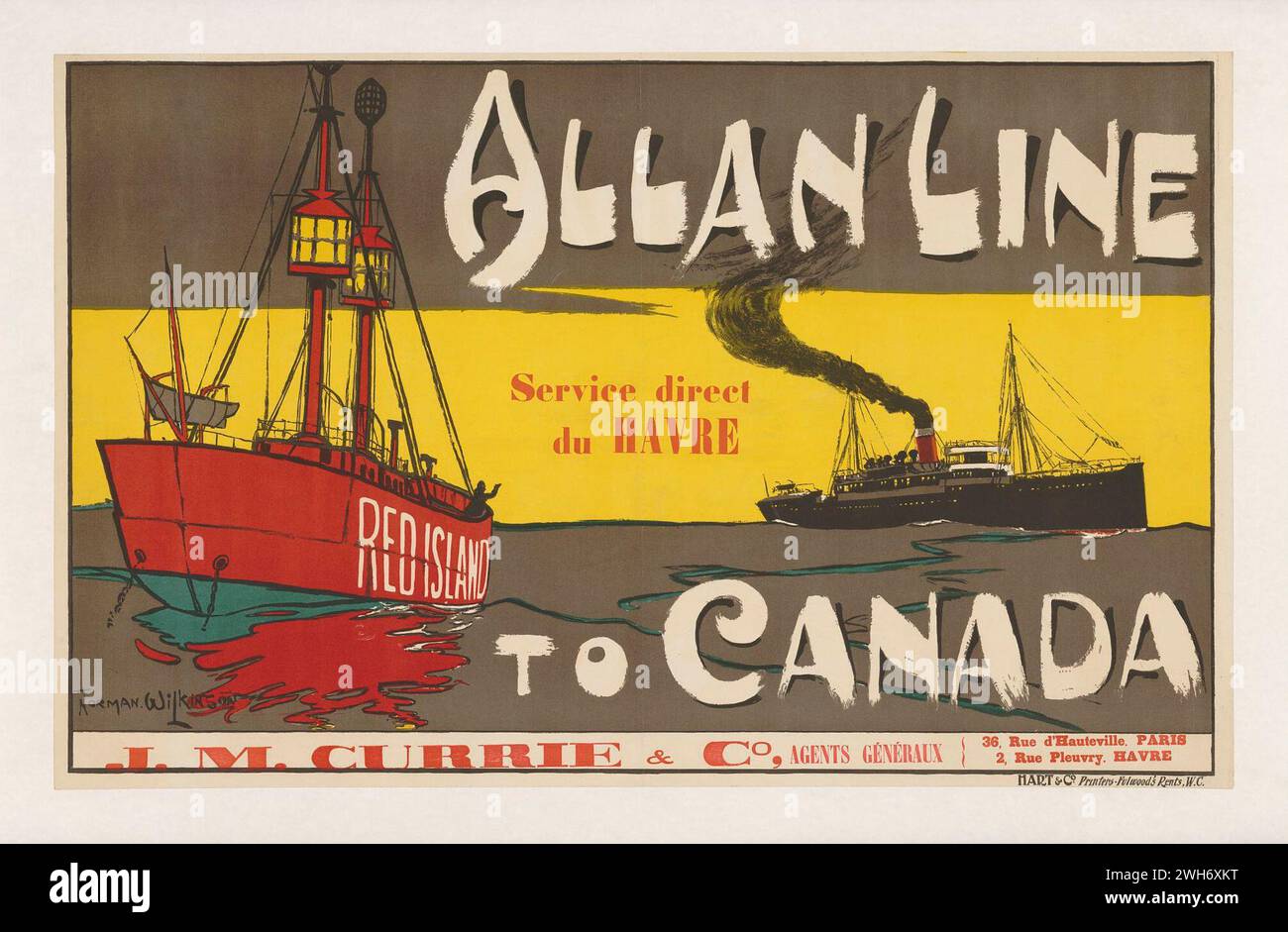 Poster da viaggio vintage. Nave della Allan Line, con servizio da le Havre in Francia al Canada. Firmato Norman Wilkinson Foto Stock