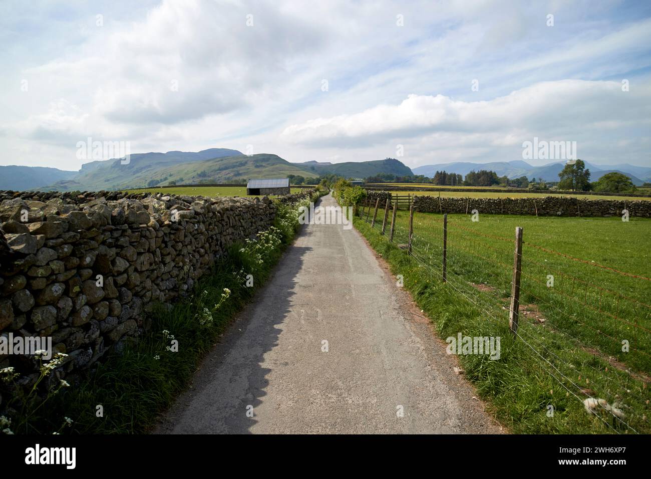 Paese tarmaced lane delimitate da muretti a secco in pietra e recinto di filo nelle zone rurali underskiddaw keswick Cumbria Inghilterra England Regno Unito Foto Stock