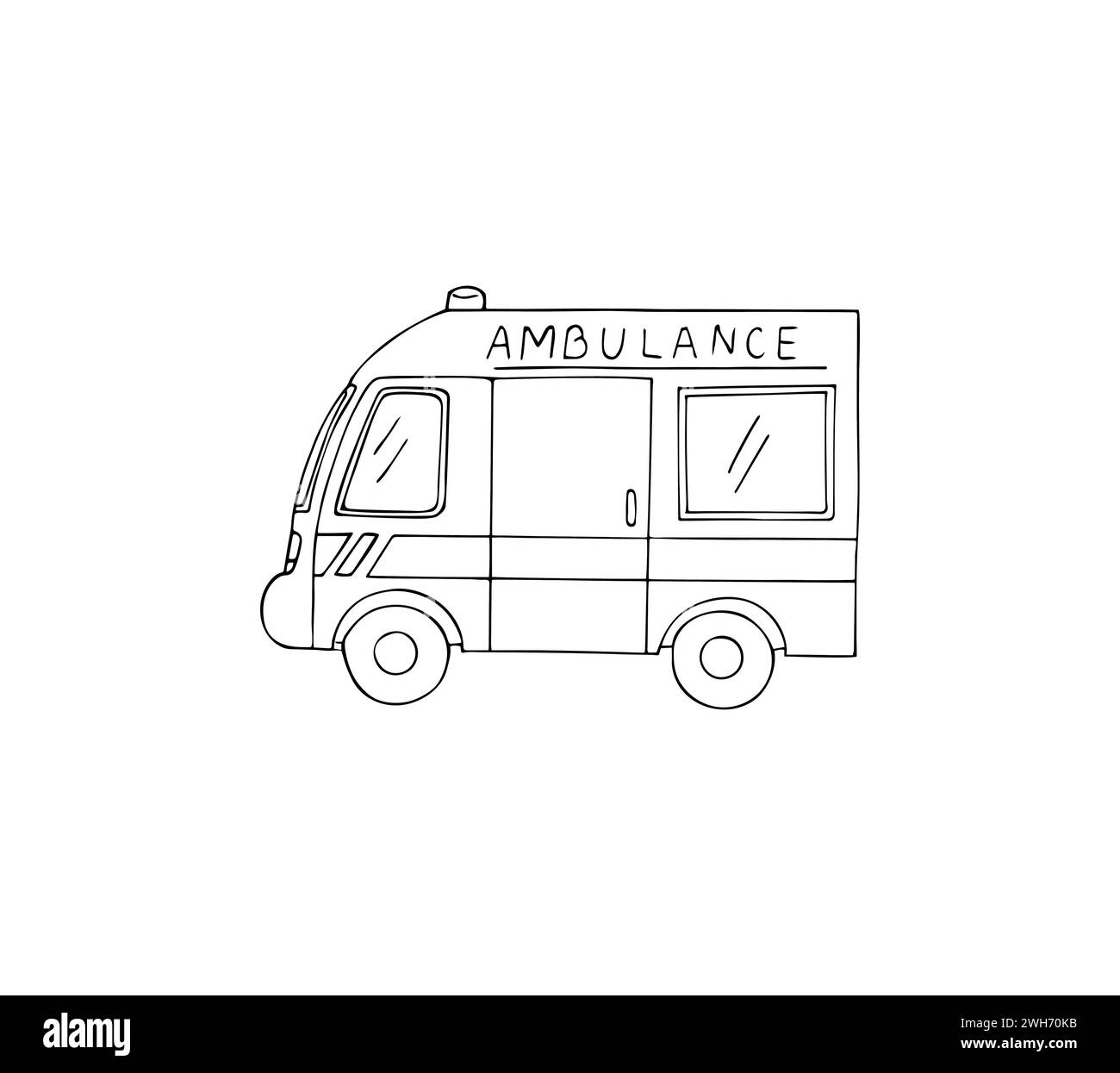 Auto di emergenza disegnata a mano. Servizio medico di ambulanza. Illustrazione vettoriale del veicolo su sfondo bianco Illustrazione Vettoriale