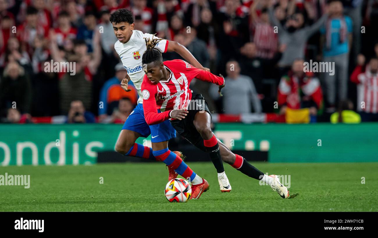 N. 11 Nico Williams Jr di Athletic Club durante il match di Copa del Rey ai quarti di finale tra Athletic Club e FC Barcelona allo stadio San Mames il 24 gennaio 2024 a Bilbao, Spagna. Foto di Victor Fraile / Power Sport Images Foto Stock