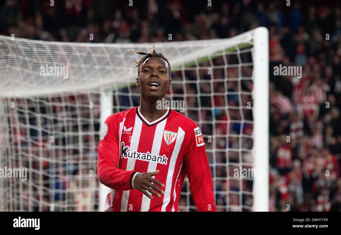 N. 11 Nico Williams Jr di Athletic Club durante il match di Copa del Rey ai quarti di finale tra Athletic Club e FC Barcelona allo stadio San Mames il 24 gennaio 2024 a Bilbao, Spagna. Foto di Victor Fraile / Power Sport Images Foto Stock