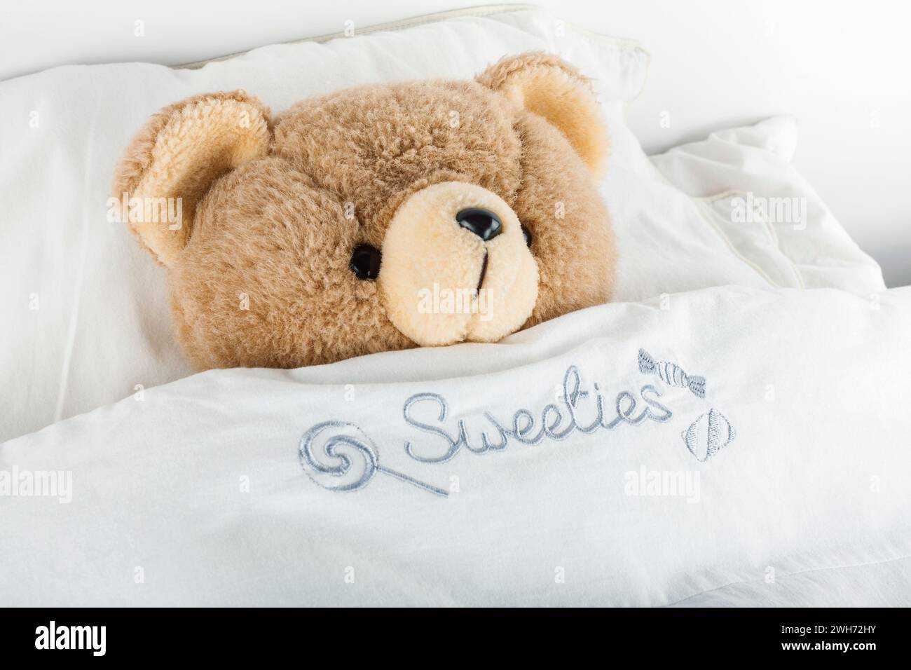 Teddy Bear dorme nel letto sotto una morbida coperta Foto Stock