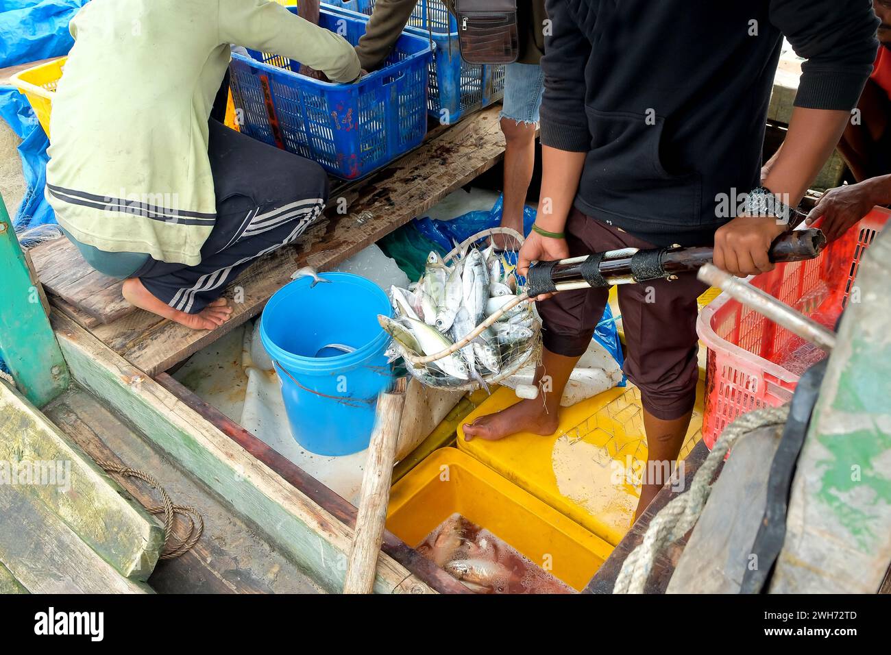 Pesce fresco appena arrivato dal mare catturato dai pescatori nei sogni dei pescatori Foto Stock