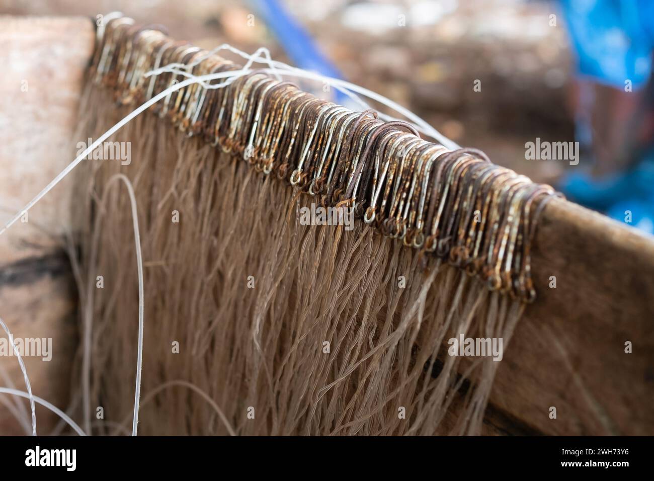 File di ami da pesca in casse di legno per la cattura del pesce. Concetto di pesca e hobby. Foto Stock
