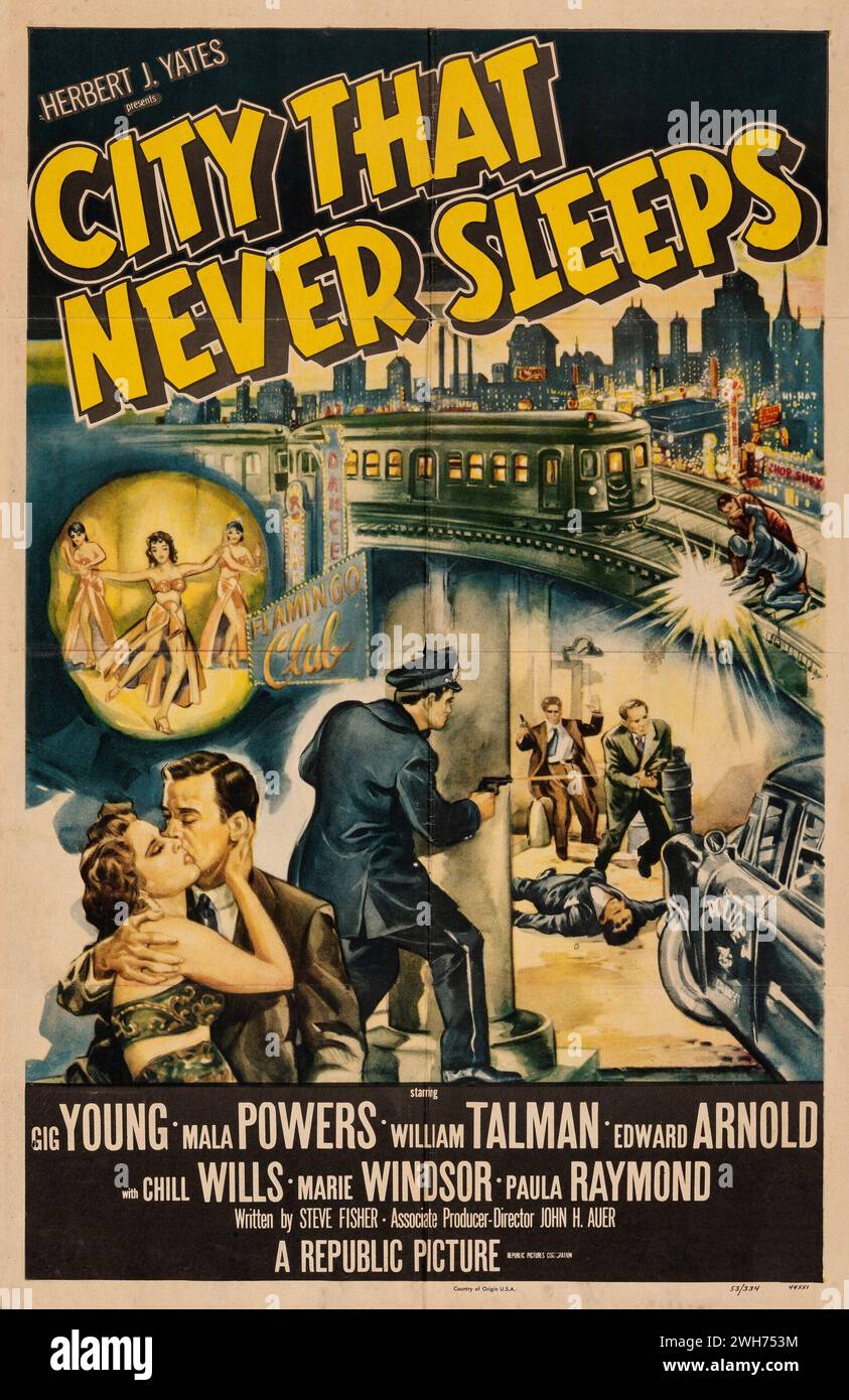 Città che non dorme mai (Repubblica, 1953) poster con tutti gli ingredienti per un film d'azione Foto Stock