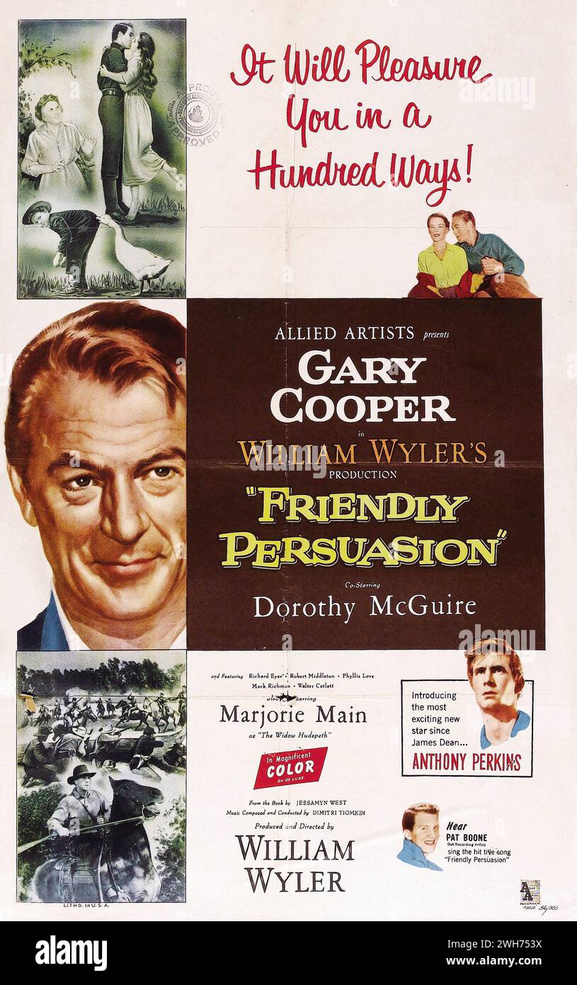 Poster cinematografico vintage per il film Friendly persuasion del 1956 con Gary Cooper e Anthony Perkins Foto Stock