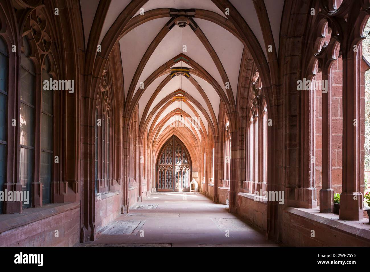 Interno del Chiostro / Kloster della Cattedrale di Magonza / Mainzer Dom, un edificio medievale a volta in pietra rosa locale. Foto Stock