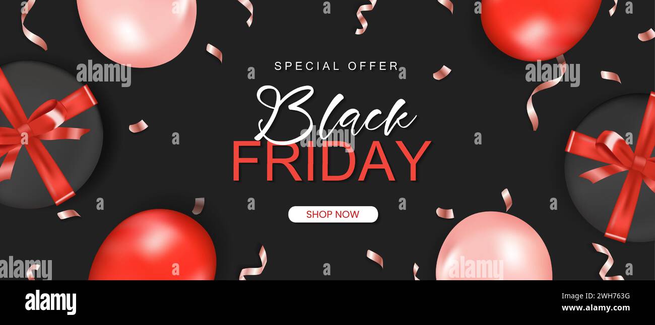 Banner a saldi orizzontale Black friday con palloncini lucidi realistici, confezione regalo e testo del nastro su sfondo nero. Illustrazione vettoriale Illustrazione Vettoriale