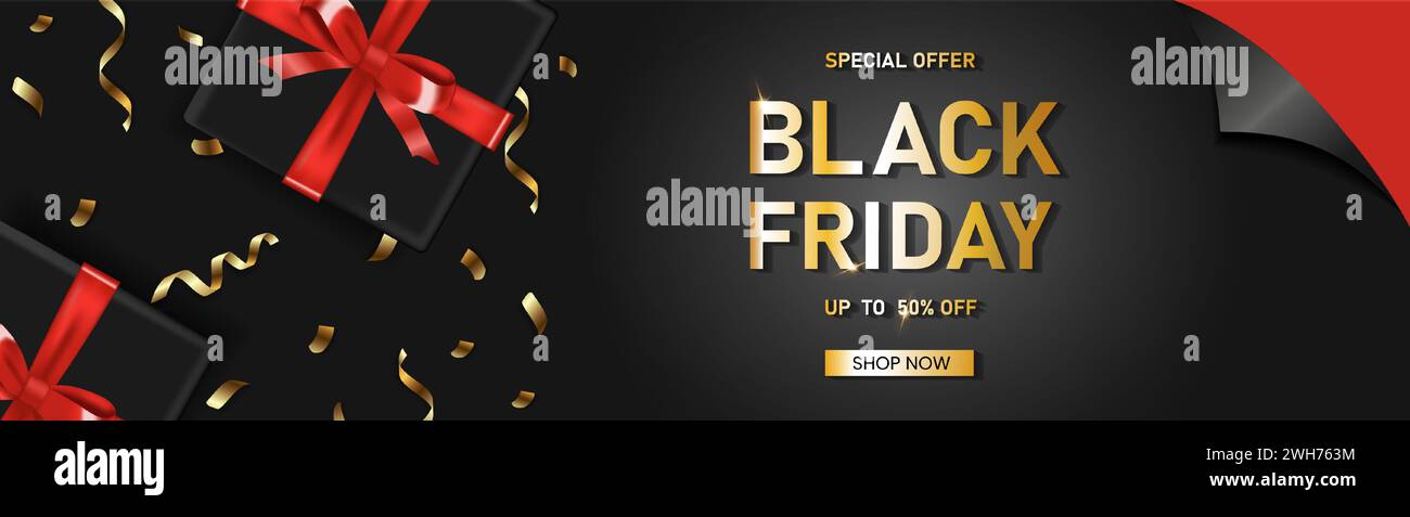 Banner di vendita verticale Black friday con realistica confezione regalo e testo del nastro su sfondo nero. Illustrazione vettoriale Illustrazione Vettoriale