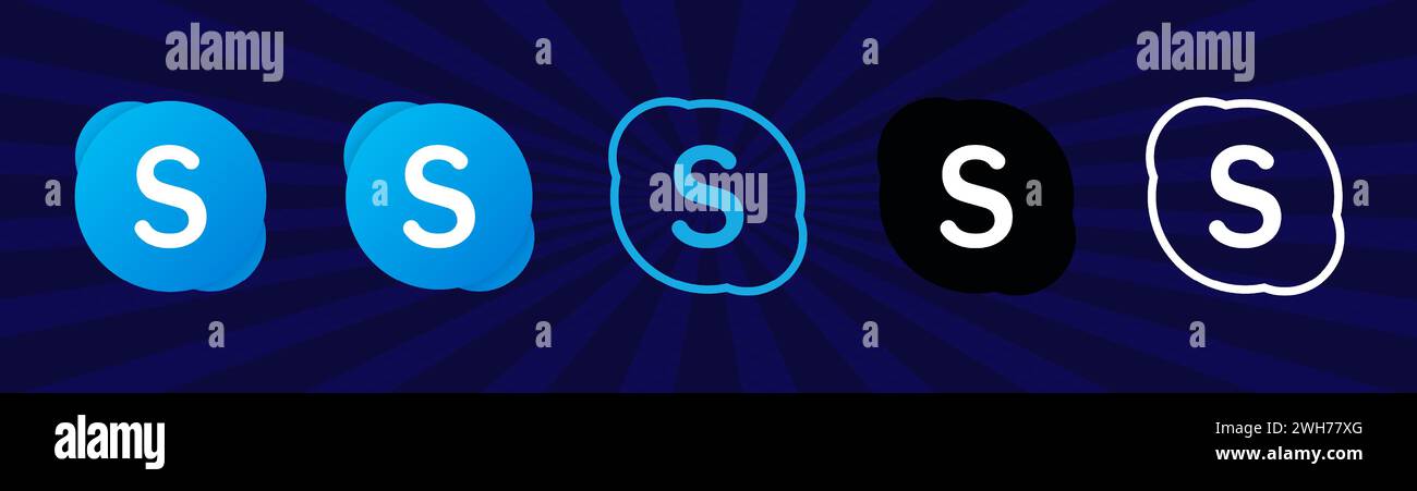 Raccolta di diverse icone Skype. Logo dei social media. Linea d'arte e stile piatto isolato su sfondo bianco. Icona della linea vettoriale per gli annunci commerciali e pubblicitari Illustrazione Vettoriale
