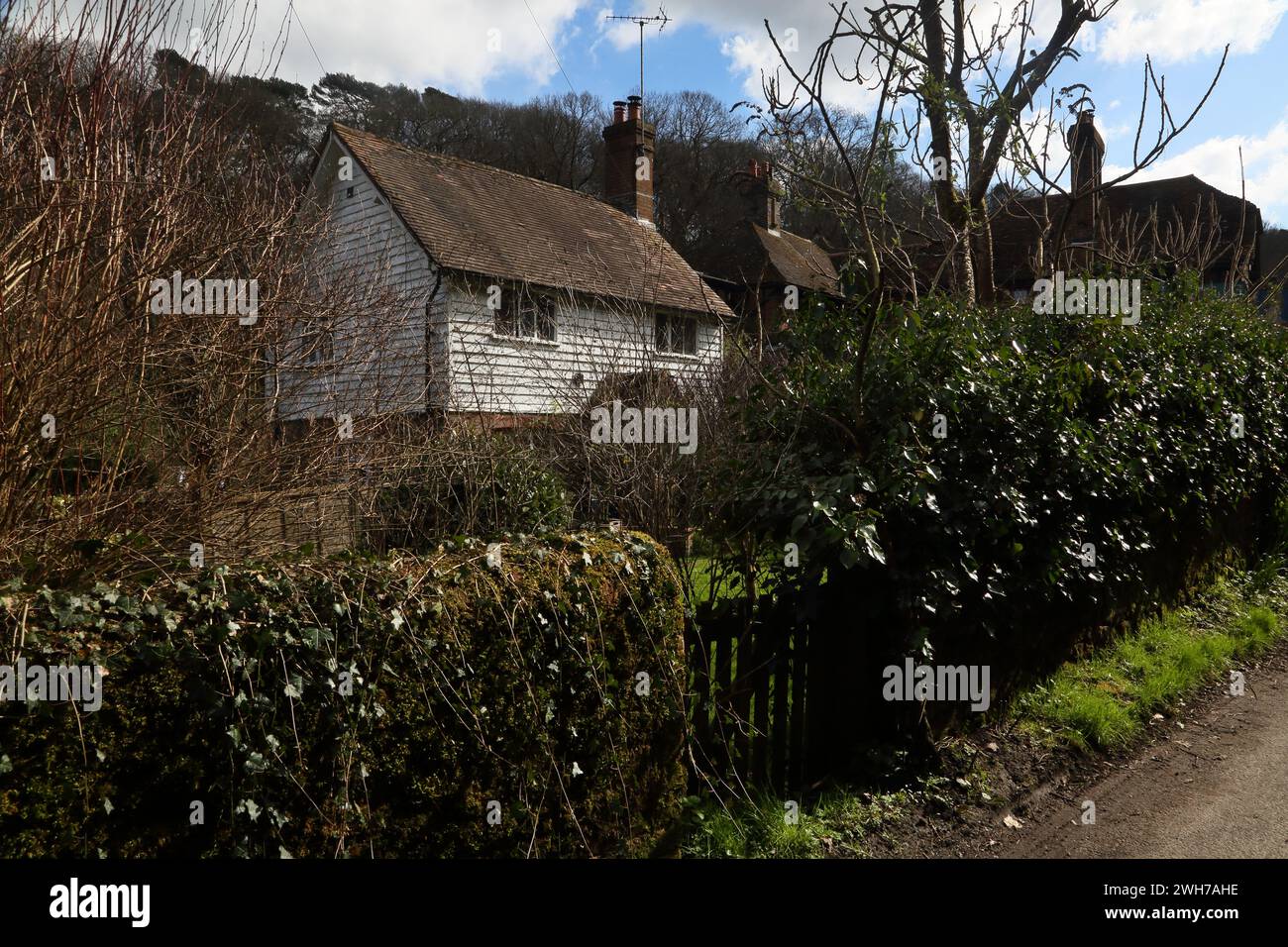 Friday Street sul versante nord di Leith Hill Weatherboard Cottage e Garden Surrey, Inghilterra Foto Stock