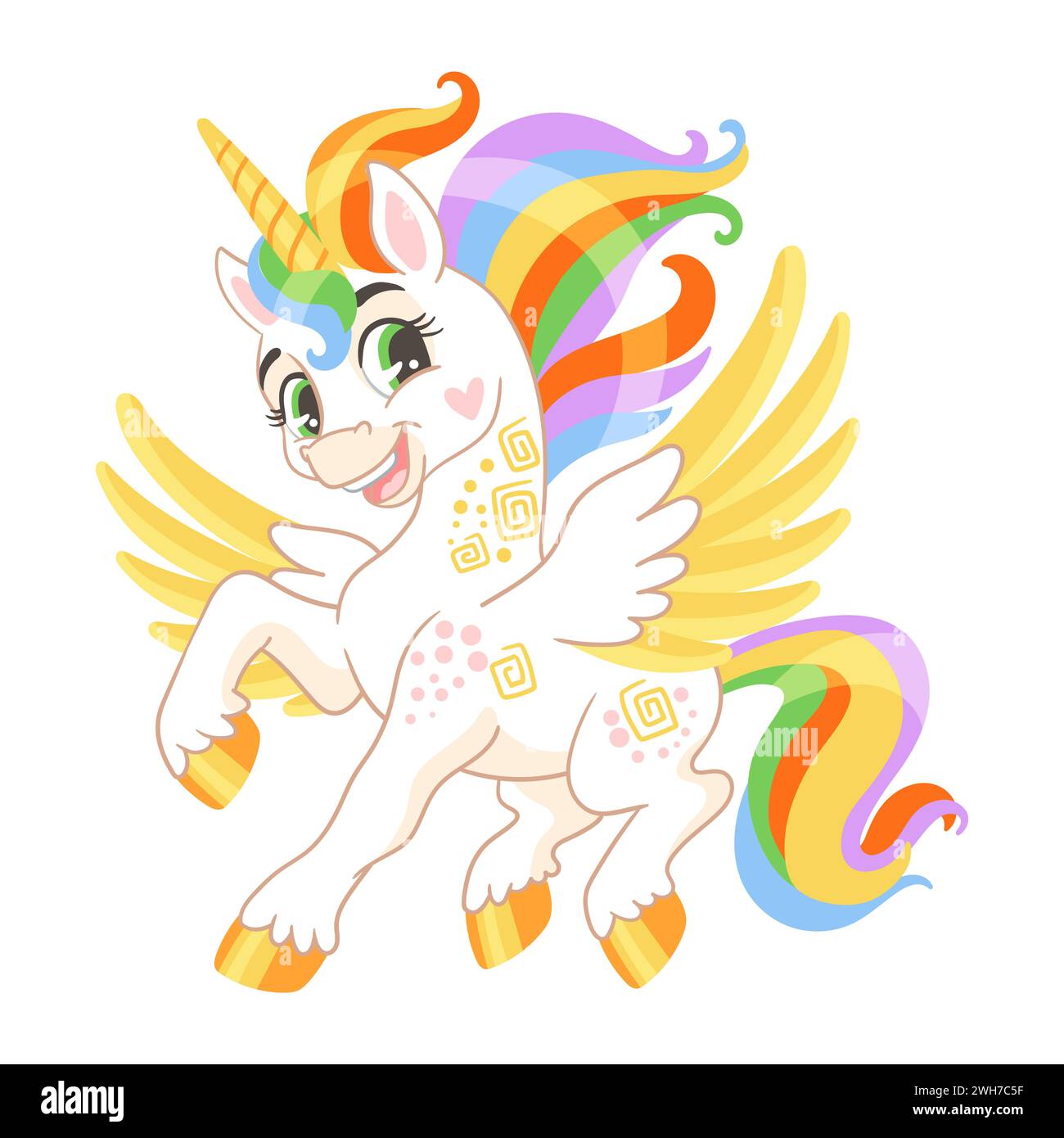 Simpatico unicorno cartoni animati con criniera arcobaleno e coda isolata su sfondo bianco. Carattere unicorno. Illustrazione vettoriale a colori per stampa, design, stick Illustrazione Vettoriale