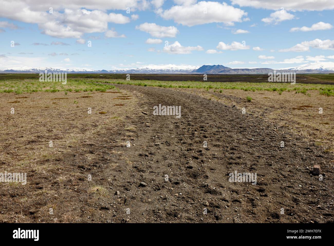 Strada sterrata che sfocia nella pianura fertile valle di terreni agricoli nel sud dell'islanda vicino a hella Islanda Foto Stock