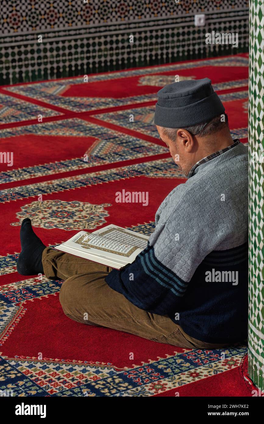 All'interno della grande Moschea Mohammed vi la gente recita preghiere e legge il Corano. Saint Etienne, dipartimento della Loira, regione dell'Auvergne Rhône Alpes, Francia Foto Stock