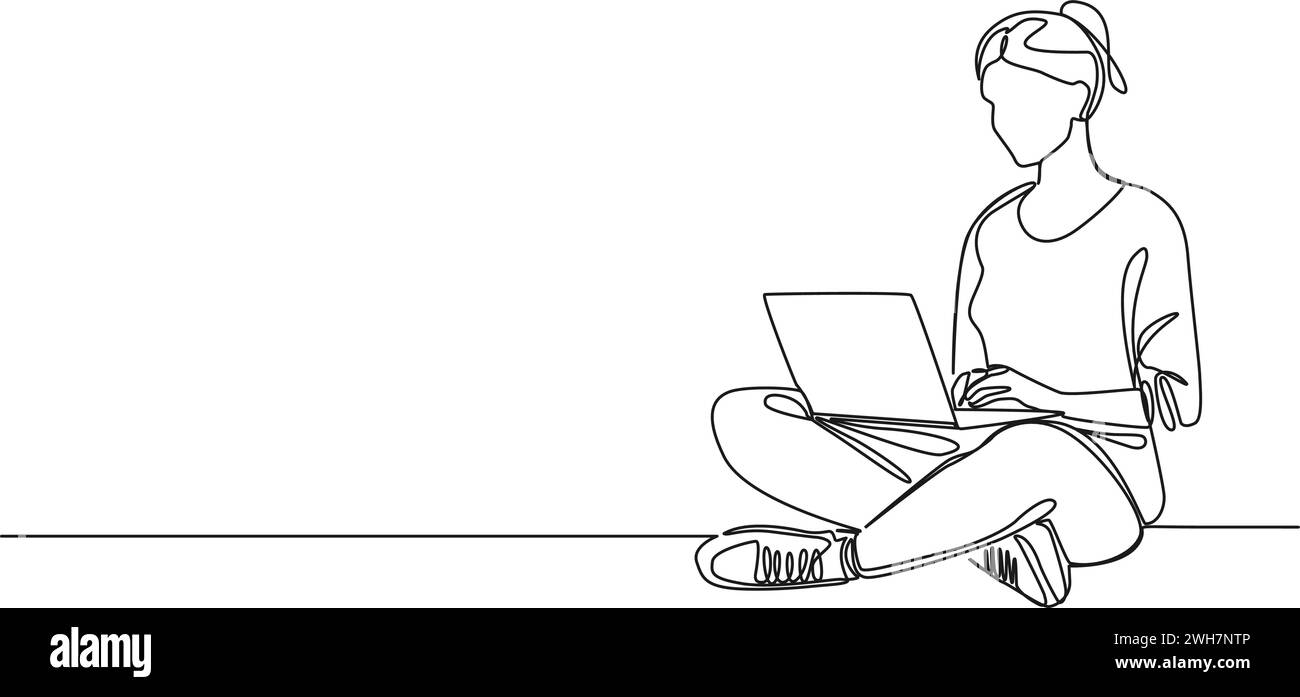disegno continuo di una donna seduta a terra utilizzando un laptop, illustrazione vettoriale di line art Illustrazione Vettoriale
