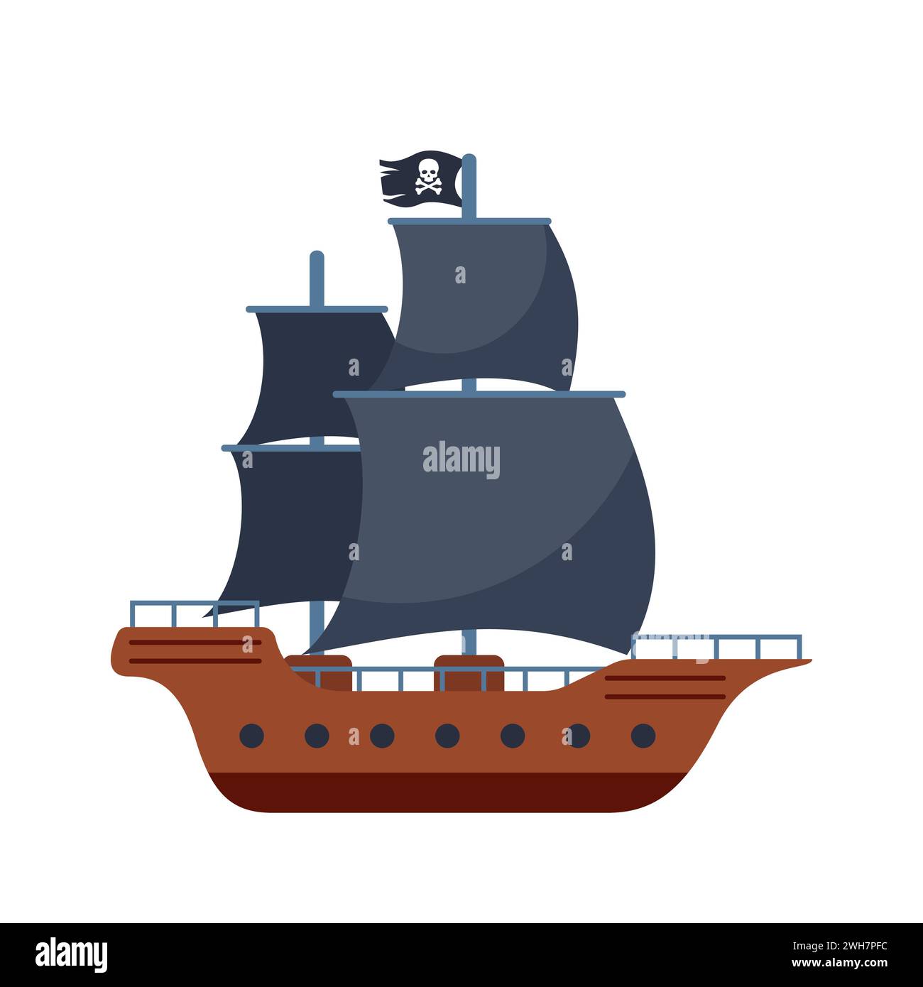 Nave pirata con bandiera e vele nere con cranio. Illustrazione del vettore piatto Illustrazione Vettoriale