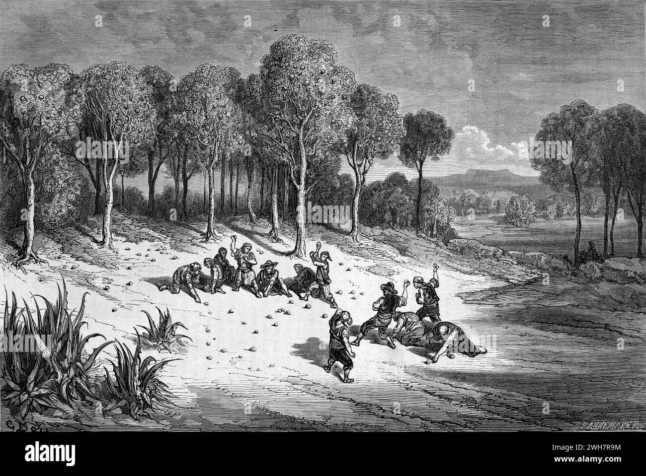 Ragazzi che giocano con gli arance in un Orange Grove o Orchard, Carcaixent Valencia Spagna. Incisione vintage o storica o illustrazione 1863 Foto Stock