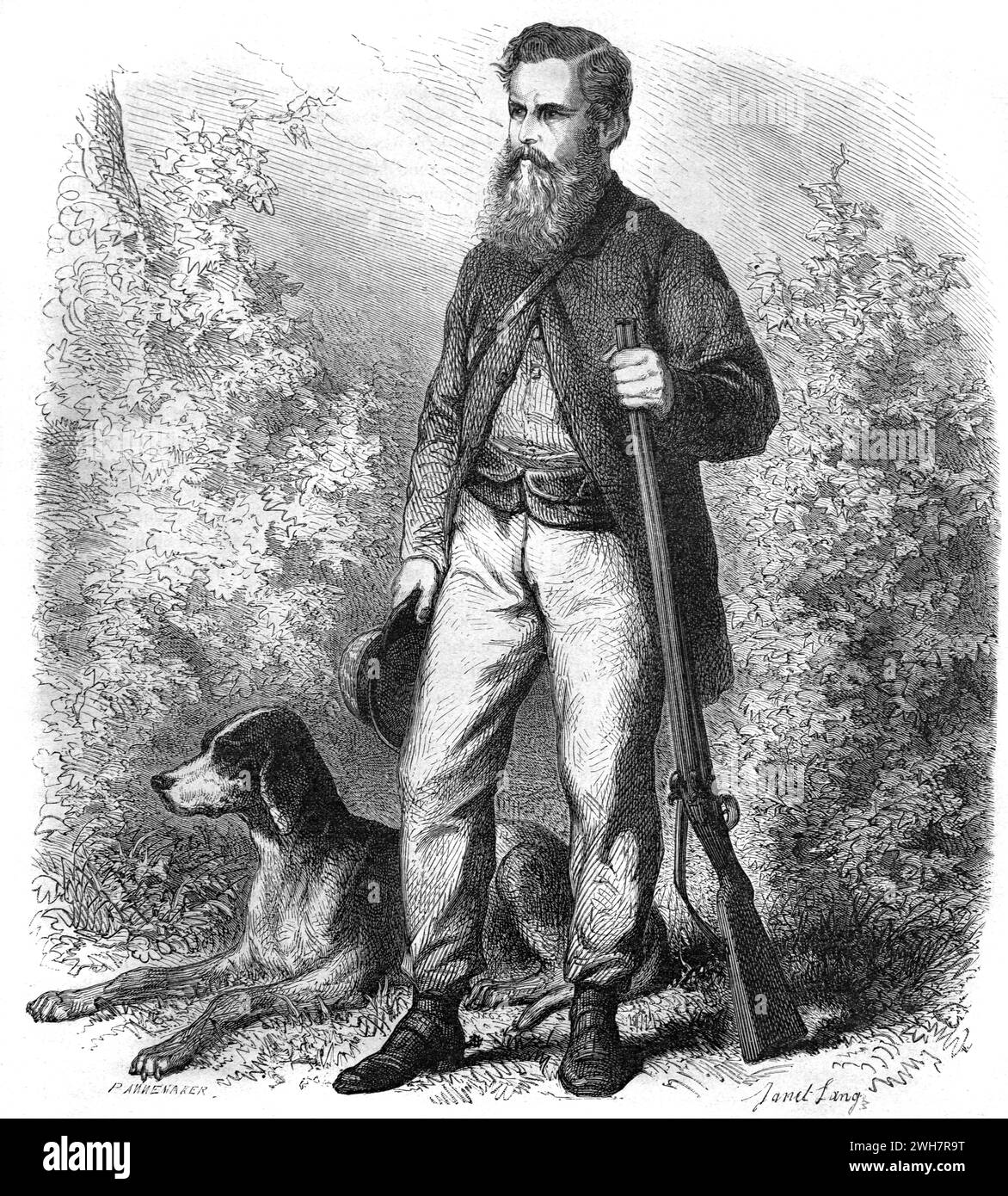 Ritratto completo di William Charles Baldwin (1826-1903), un cacciatore britannico o inglese di grandi giochi, in posa con un fucile e il suo cane da caccia. Incisione vintage o storica o illustrazione 1863 Foto Stock