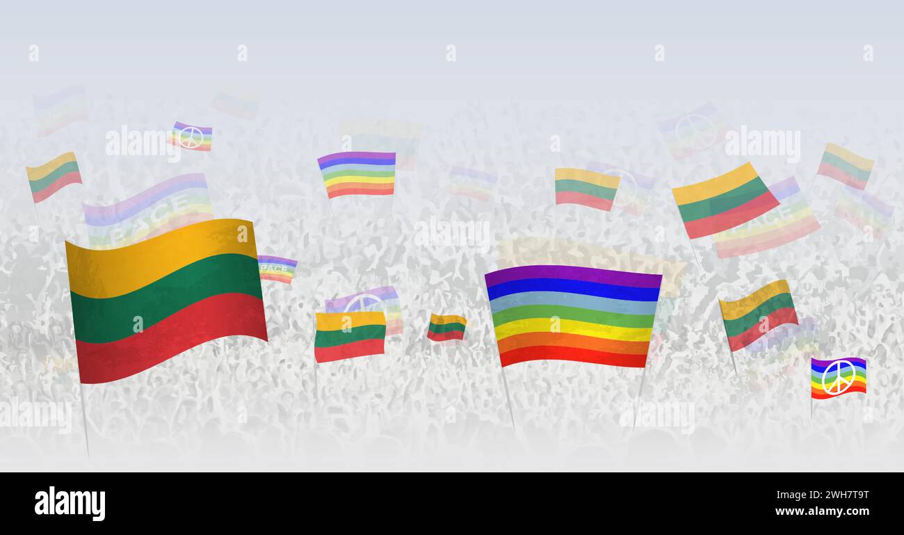Persone che sventolano bandiere della pace e bandiere della Lituania. Illustrazione di un throng che celebra o protesta con la bandiera della Lituania e la bandiera della pace. Vettore i Illustrazione Vettoriale