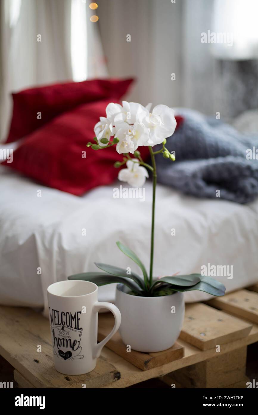Foto scattata in uno studio fotografico con un letto realizzato in pallet di legno, cuscini rossi sul letto e una bellissima pianta di orchidee di fronte al letto Foto Stock