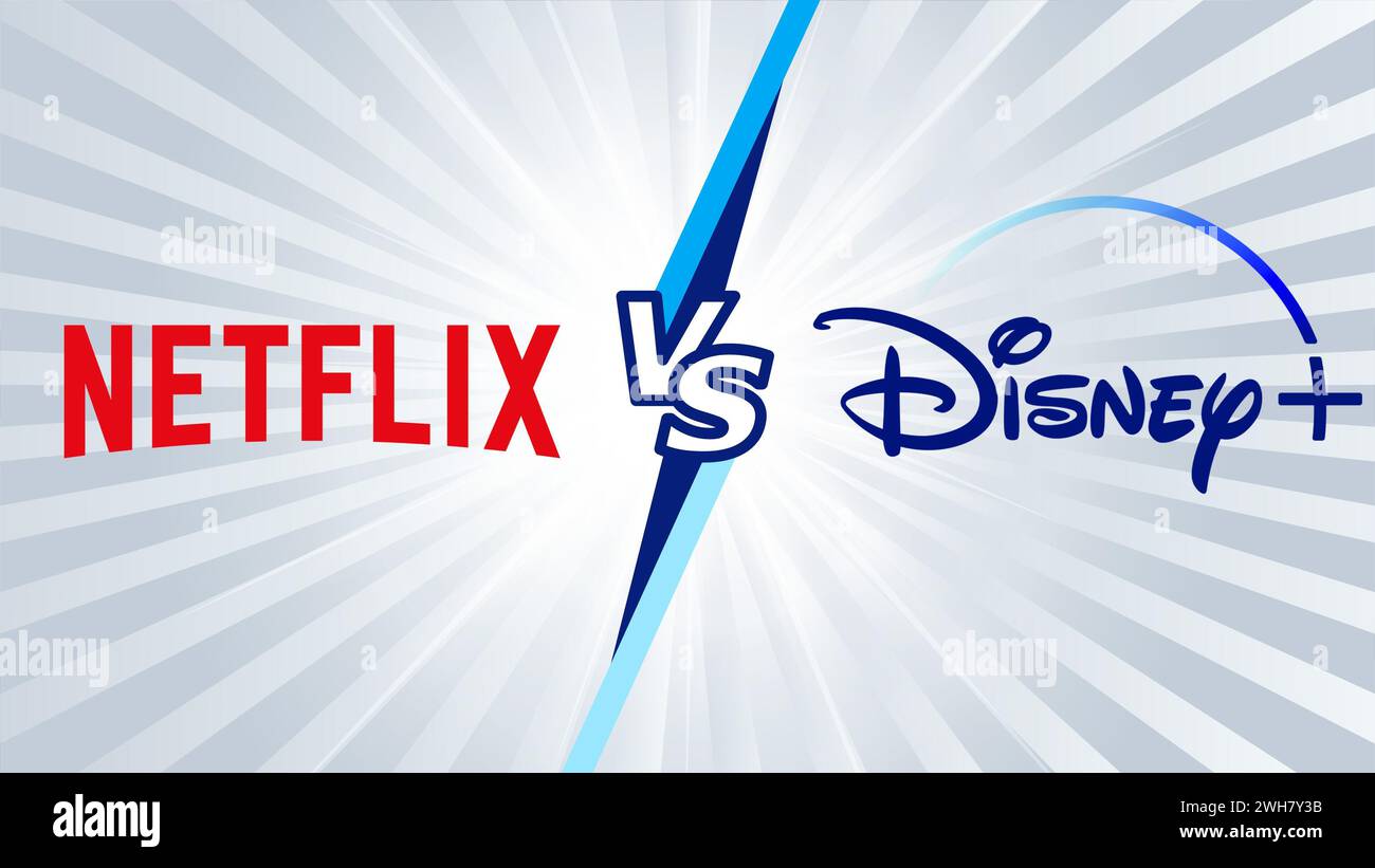Istanbul, Turchia - 7 febbraio 2024: Netflix contro Disney Plus. Concetto di competitività tra due servizi di streaming, Netflix e Disney Plus. Rif Foto Stock