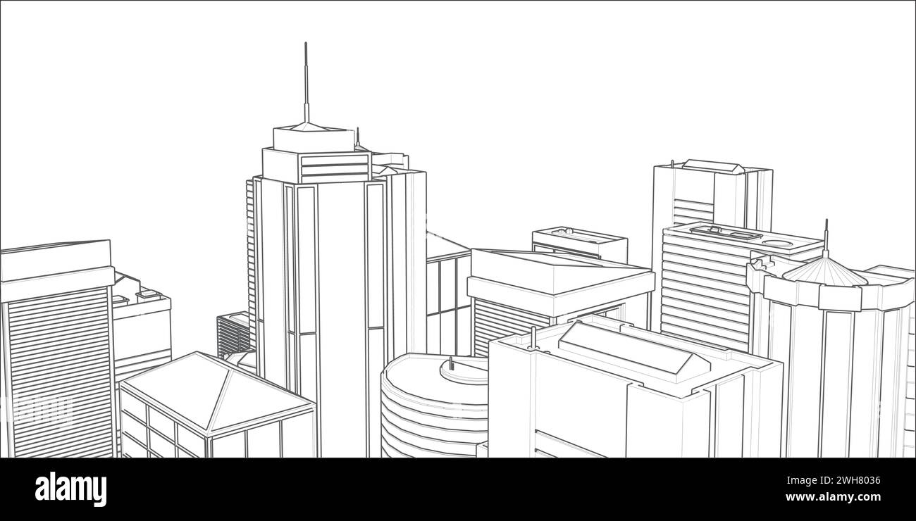 Progetto tecnico della città .disegno di grattacieli, edifici.grandi città paesaggi urbani ed edifici . Illustrazione Vettoriale