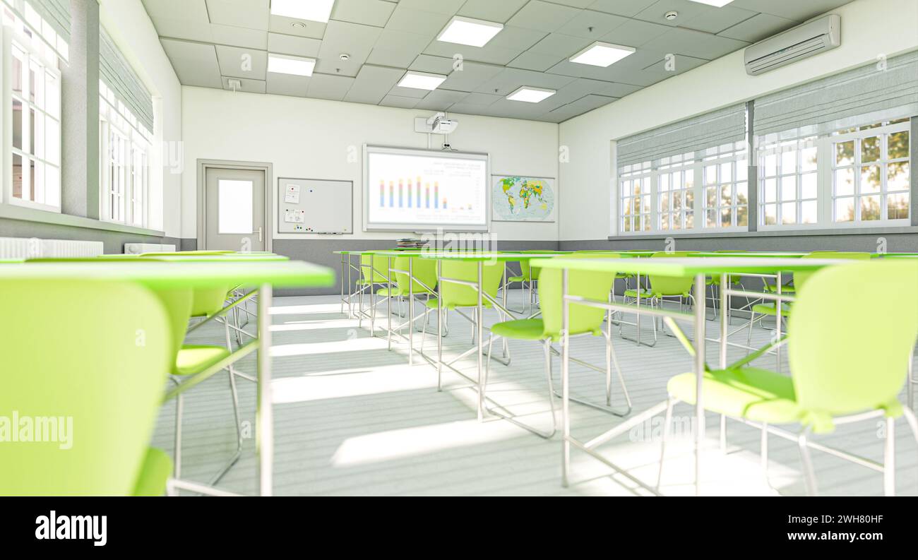 interni moderni di un'aula scolastica con elementi verdi. rendering 3d. Foto Stock