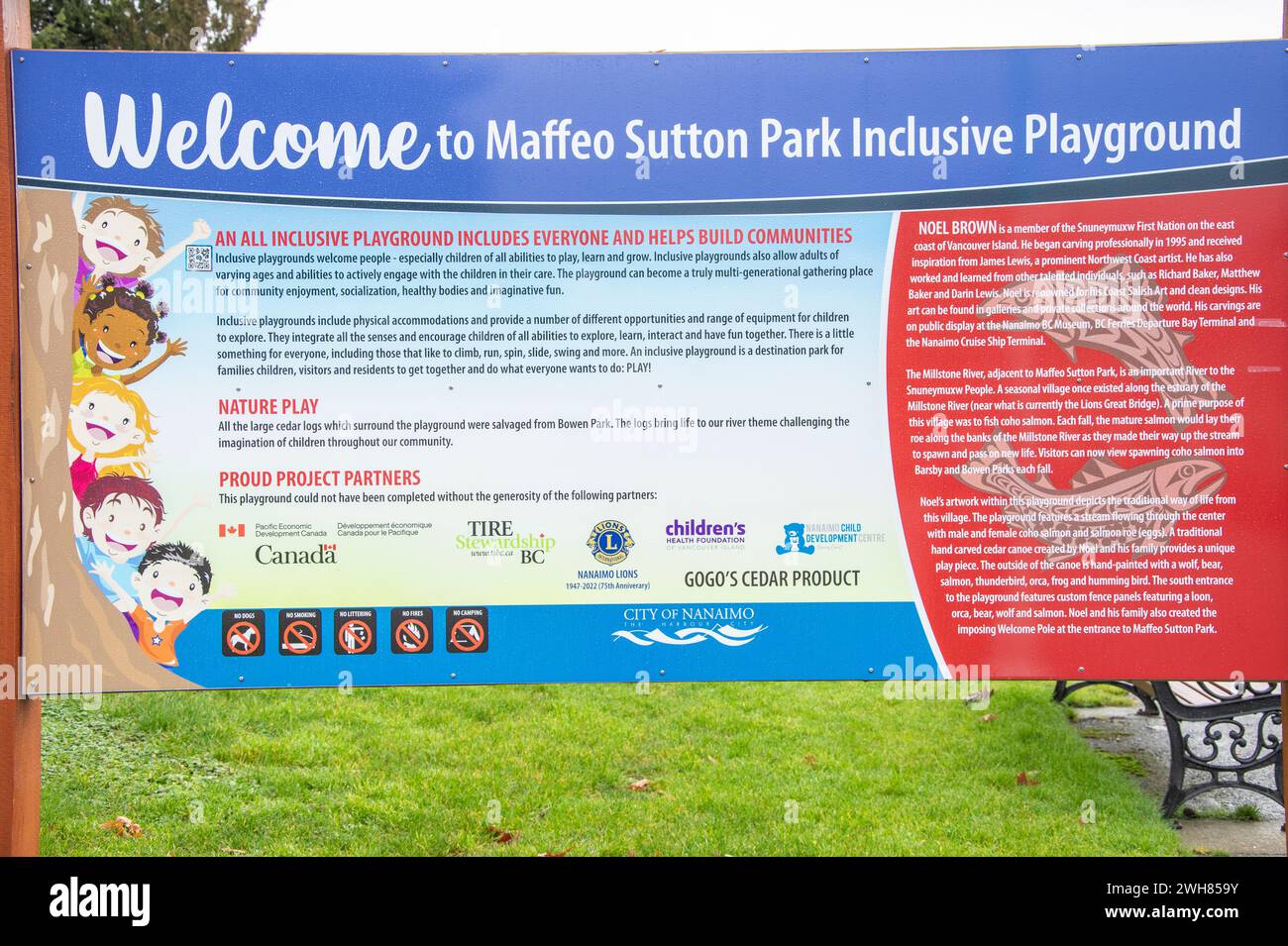 Benvenuto al cartello Maffeo Sutton Park a Nanaimo, British Columbia, Canada Foto Stock
