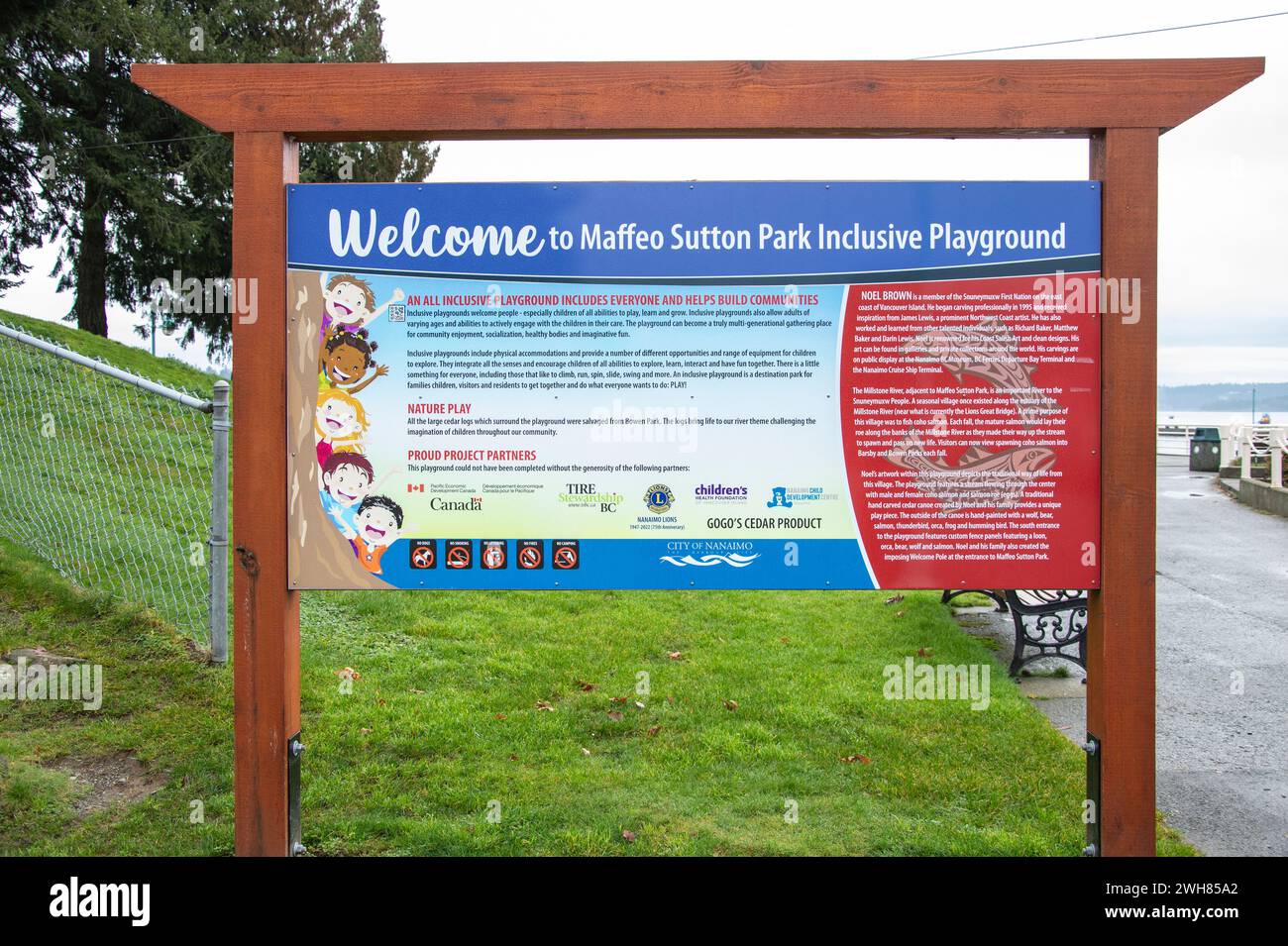 Benvenuto al cartello Maffeo Sutton Park a Nanaimo, British Columbia, Canada Foto Stock