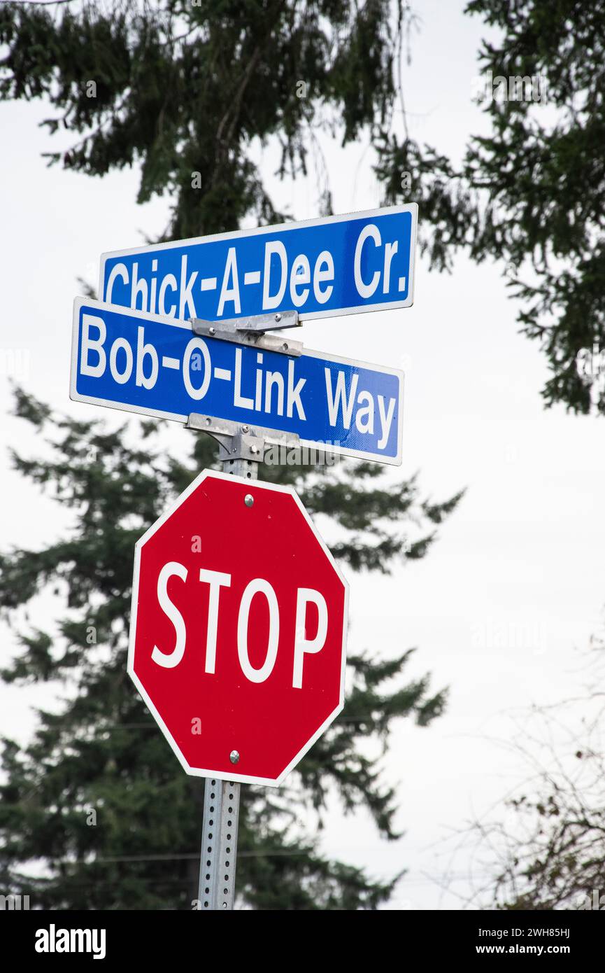 Indicazioni stradali per Chick-A-Dee Crescent e Bob-o-Link Way a Nanaimo, British Columbia, Canada Foto Stock