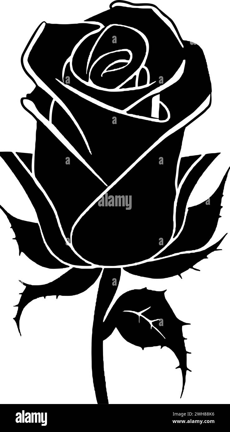 disegno grafico nero di un fiore di rosa con foglie, elemento decorativo monocromatico Foto Stock