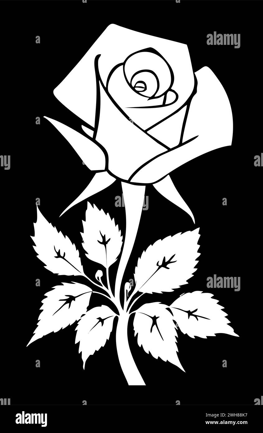 disegno grafico bianco di un fiore di rosa con foglie su sfondo nero, logo Foto Stock
