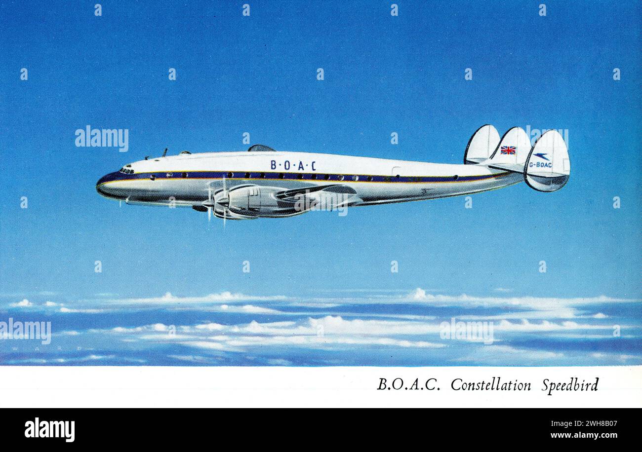 1950 anni Una cartolina d'epoca intitolata "B.O.A.C. Constellation Speedbird" che raffigura l'impressione di un artista colorato di un aereo di linea Lockheed Constellation della British Overseas Airways Corporation (BOAC) in volo. Foto Stock