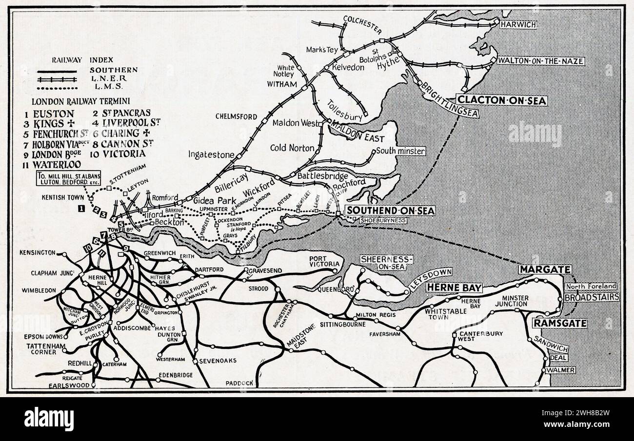 Una mappa pubblicata circa. 1935 della General Steam Navigation Company. Esso raffigura le reti ferroviarie del sud, LNER e LMS che servono la costa dell'Essex e del Kent. Mostra anche le rotte utilizzate dalla General Steam Navigation Company, che era la principale linea di navigazione costiera a corto raggio di Londra. Questo servizio collegava Londra con Southend-on-Sea, Clacton-on-Sea, Margate e Ramsgate. Foto Stock