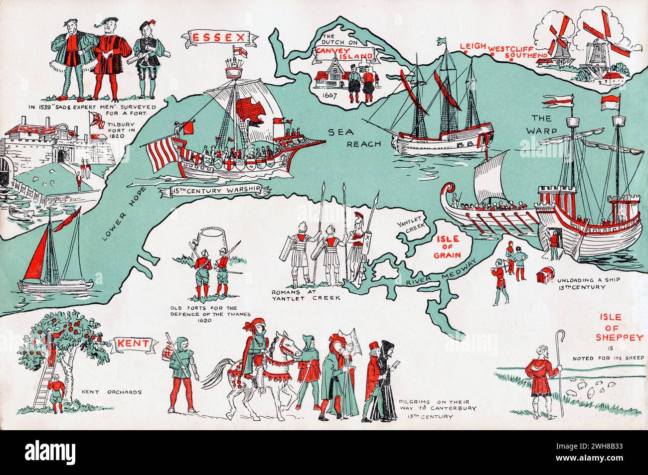 Kent e Essex. 1935 – Una mappa pittorica del Tamigi di Helen McKie. Questa mappa raffigura il tratto del Tamigi da Lower Hope a Warp, incluso Sea Reach. E' decorata con immagini a cartoni raffiguranti luoghi di interesse storico. Foto Stock