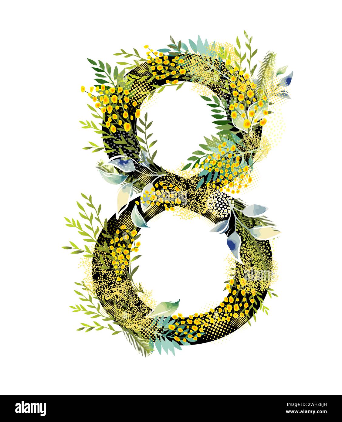 Dall'8 marzo mimosa. disegno a mano. Non IA . Illustrazione vettoriale Illustrazione Vettoriale